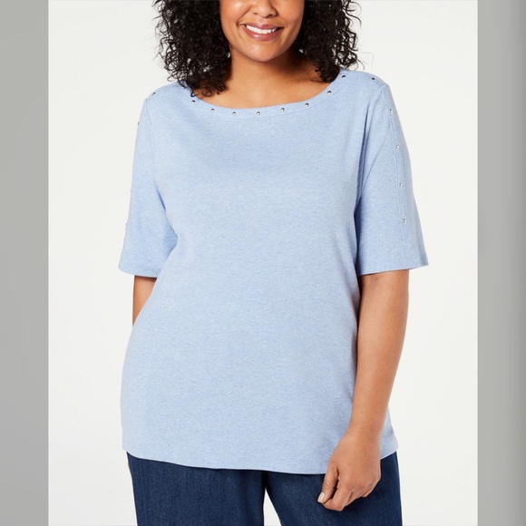 Karen Scott Tops - Heather Blue Studded Boatneck Top Plus Size 1X